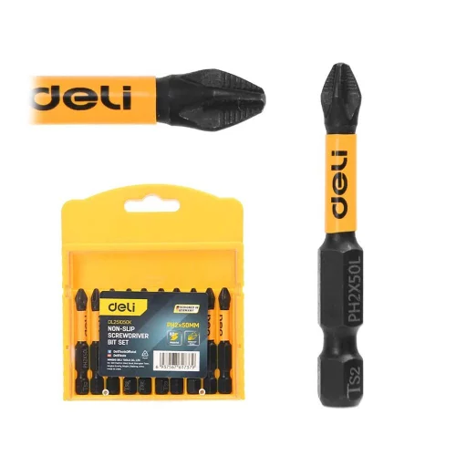 Набор торсионных бит с противоскользящими насечками для ударных шуруповертов 10шт Deli DL251050K PH2*50мм, сталь S2, пласт.кейс