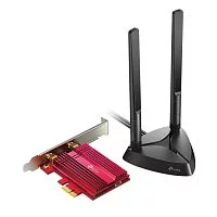 Archer TX3000E 11AX 3000 Мбит/ с двухдиапазонный PCI-E адаптер, до 2402 Мбит/ c на 5 ГГц и до 574 Мбит/ c на 2,4 ГГц, поддержка Bluetooth 5.0 и шифрования WPA2, две съёмные внешние антенны, в комплекте идёт 1 магнитное основание и 1 радиочастотный кабе