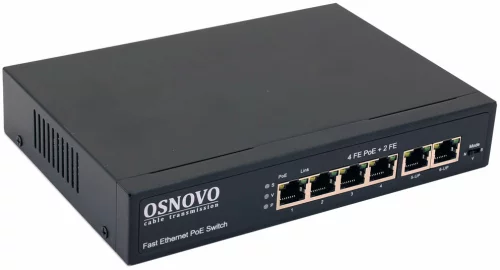 PoE Коммутатор OSNOVO SW-20600(80W) PoE коммутатор Fast Ethernet на 6 RJ45 портов. Порты: 1 x FE (10/100Base-T) с PoE (до 60W, A+B) + 3 x FE (10/100Base-T) с PoE (до 30W), 2 x FE (10/100 Base-T) Uplink. Соответствуе