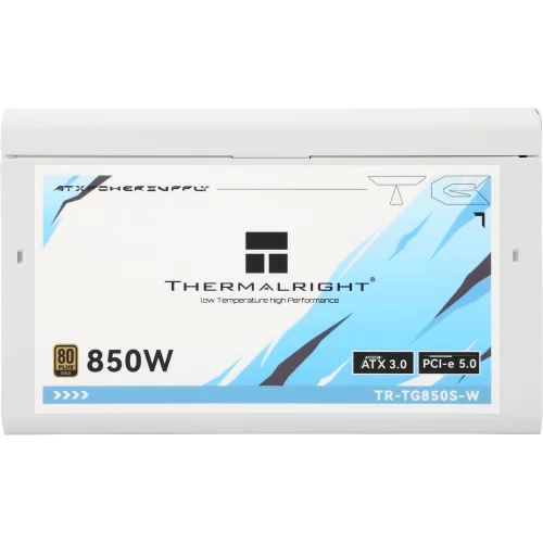 Блок питания Компьютер Power Supply Thermalright, 850W 80+ Gold (ATX, 3.0, PCIe 5.0, Non-modular, 1x24(20+4)pin, 1xCPU 8(4+4)pin, 2xPCIe*2 8(6+2)pin, 5xSATA3, 1x12+4pin (12VHPWR PCIe 5.0 12+4pin 600mm), 3xM (TR-TG850S-W)