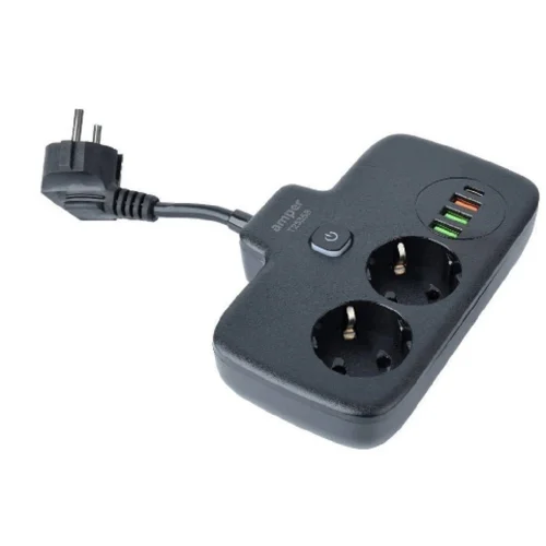Amper сетевой удлинитель, 0,2м, 2 розетки, 3*0,75мм, 10А, 2500 Вт, 3usb, 1Type-C, 1кн, черный. (T2535B)