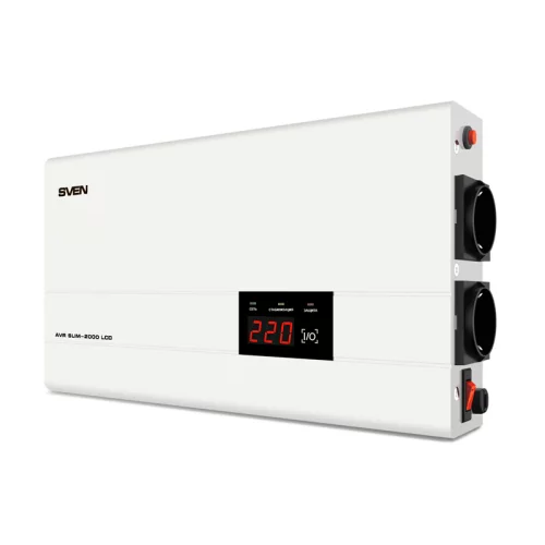 Стабилизатор SVEN AVR SLIM-2000 LCD, релейный, 1200вт, 2000Ва, 140-260в, функция «пауза», 1 евророзетка, 2.9 кг./ Stabilizer SVEN AVR SLIM-2000 LCD, Relay, 1200W, 2000VA, 140-260v, the fun (SV-013950)