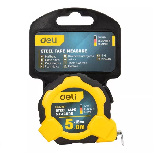 Рулетка Deli DL3796 5м*19мм, Автостоп, ударопрочный корпус, метрическая