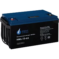 Battery Parus Electro, professional series HML-12-65, voltage 12V, capacity 65Ah (discharge 10 hours), max. discharge current (5sec) 650A, max. charge current 19.5A, lead-acid AGM type, M6 bolt terminals, LxWxH 350x167x179mm., total height with terminals