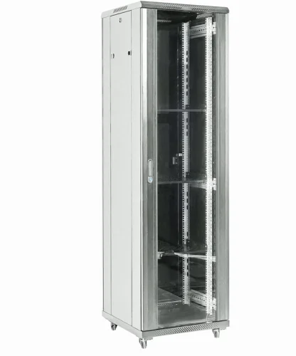 Шкаф коммутационный Rexant (04-1866-211) напольный 18U 600x600мм пер.дв.стекл 2 бок.пан. металл направл.под винты 800кг серый 46кг 230град. 987мм IP20 сталь
