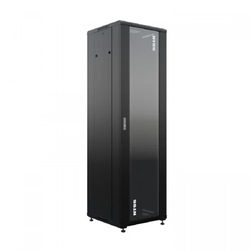 NTSS Шкаф напольный универсальный серверный NTSS R 18U 600х600мм, 4 профиля 19, двери стекло и сплошная металл, боковые стенки съемные, регулируемые опоры, разобранный, черный RAL 9005 NTSS-R18U6060GS (NTSS-R18U6060GS-BL)