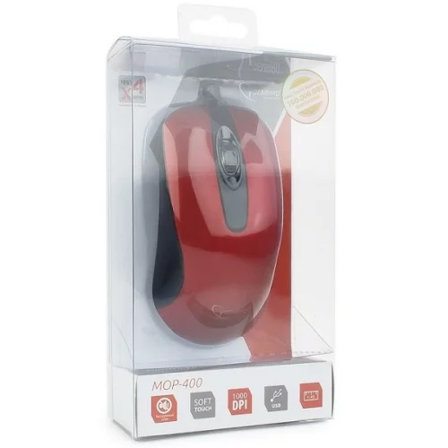 Gembird MOP-400-R красный USB {Мышь, бесшумный клик, 2 кнопки+колесо кнопка, 1000 DPI, soft-touch, кабель 1.45м, блистер} фото 2