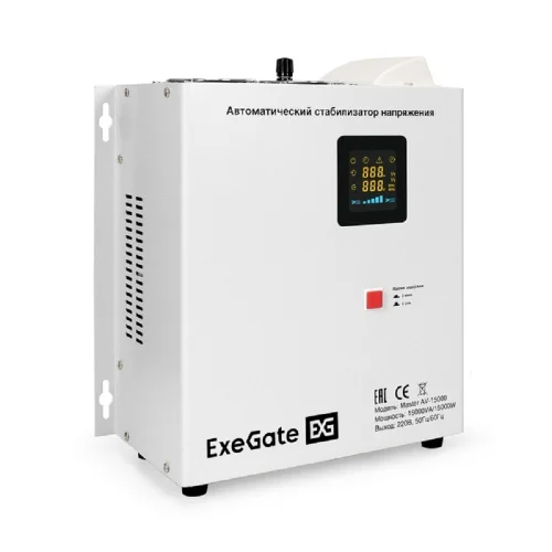 Exegate EX291764RUS Стабилизатор напряжения настенный ExeGate Master AV-15000 (15000ВА, вход 140-260В, цветной дисплей, выход 220В±8%, КПД 98%, 5 уровней защиты, задержка, усиленный метал.корпус, 1*Sc