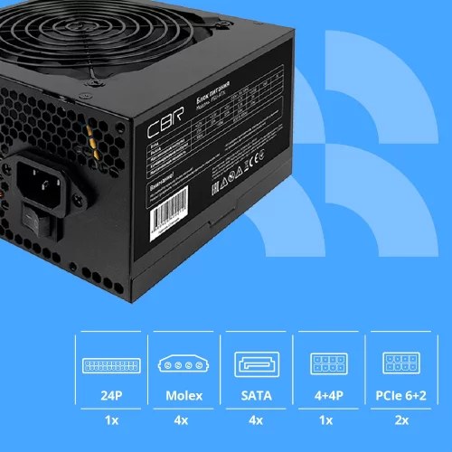 Блок питания CBR ATX 500W 80+ Bronze, DC-DC, APFC, 0.6mm, 24pin, 1*8-pin(4+4P), 2*6+2pin, 4*SATA, 4*IDE, 12cm fan, 1.5м кабель питания, черный [PSU-ATX500-12GM] BOX фото 3