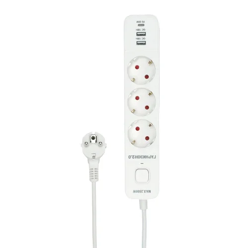 Гарнизон Сетевой фильтр EPS-3-CU2-W-2 2.0 Мультипорт 3р, 10А, 1xType-C PD, 2 х USB QC, 2м, ур.защиты 2+, белый, пак (21448)