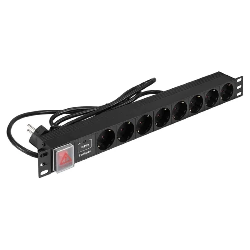Exegate EX299605RUS Блок розеток с сетевым фильтром (Surge Protect) и выключателем с подсветкой ExeGate ServerPro PDU-19H804 Al-8S-EU2.5CU-SW-SPD1 (19, 1U, Алюминий, 8 Schuko, кабель с евровилкой VDE