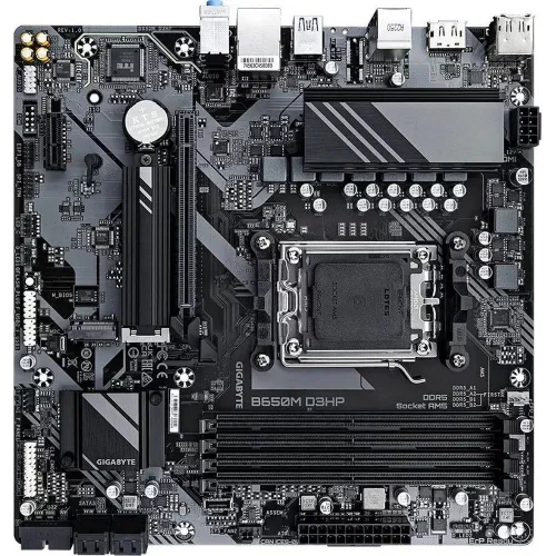 Материнская плата Gigabyte OEM B650M D3HP, Socket AM5, AMD B650, 4xDDR5-5200, HDMI+DP+DP, 1xPCI-Ex16, 1xPCI-Ex1, 4xSATA3(RAID 0/ 1/ 10), 2xM.2, 8 Ch Audio, 2.5GLan, (2+4)xUSB2.0, (3+2)xUSB3.2, (1+1)xUSB3.2 Type-C™, 1xPS/ 2, mATX, RTL (B650M D3HP||OEM)