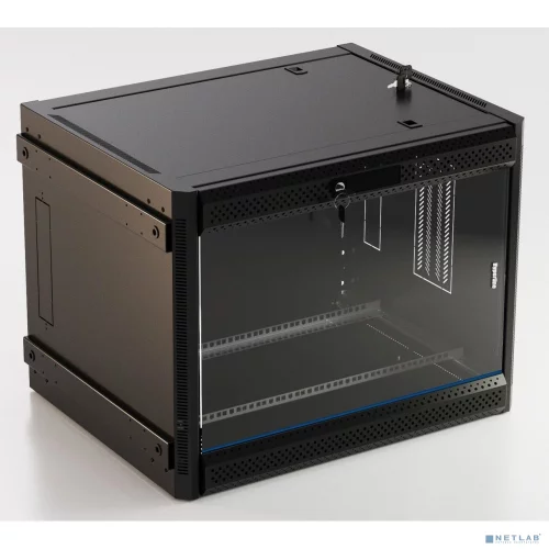 Шкаф Hyperline Hyperline TWB-FC-1266-GP-RAL9004 Шкаф настенный 12U, 662x600х600мм, стеклянная дверь с перфорацией п 12U, 662x600х600мм, стеклянная дверь с перфорацией по бокам, ручка с замком, с возможностью установки на ножки (в комплекте), цвет черный (