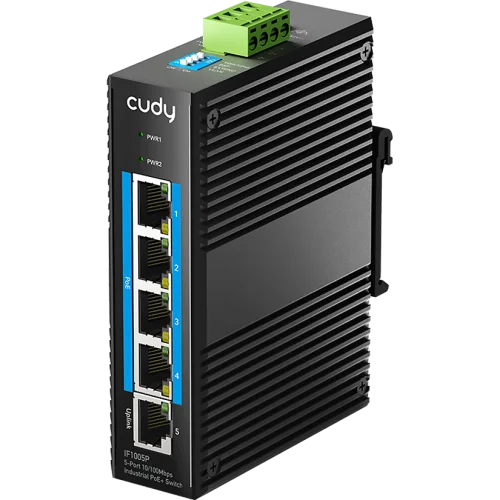 Промышленный коммутатор/ 5-Port 10/ 100M Aluminum Industrial PoE+ Switch, 4 10/ 100M Ports, 1 10/ 100M Uplink Ports, 802.3at/ af, Din-rail design, Power supply: DC 9.6~57V, work temperature:-40°C-75°C, Po (IF1005P)