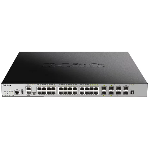 Коммутатор/ Managed L3 Stackable Switch 20x1000Base-T PoE, 4x10GBase-X SFP+, 4xCombo 1000Base-T PoE/SFP, PoE Budget 370W (740W with DPS-700), Surge 6KV, CLI, 1000Base-T Management, RJ45 Console, mini-USB Console, USB, RP (DGS-3630-28PC/A2ASI)