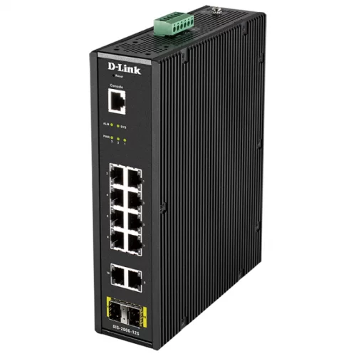 Коммутатор/ DIS-200G-12S Managed L2 Industrial Switch 10x1000Base-T, 2x1000Base-X SFP, Surge 6KV, CLI, RJ45 Console, Alarm relay, Dying Gasp, DIN-Rail, metal case IP30, -40 to 65°C, w/o power adapter (DIS-200G-12S/A1A)