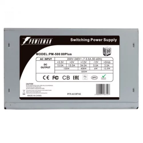 Блок питания Powerman PM-500ATX 500W, APFC 80+, ATX 12V v2.2, 24+8 pin, 24+4 pin, 20+4 pin, 12см, OEM (6118742) фото 2