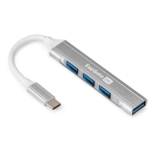 Exegate EX298168RUS USB-Хаб (концентратор) 4-в-1 ExeGate DUB-3213C (кабель-адаптер USB3.0 Type-C --] 3xUSB2.0, 1xUSB3.0, Plug&Play, Серебристый)