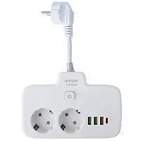 Amper сетевой удлинитель, 0,2м, 2 розетки, 3*0,75мм, 10А, 2500 Вт, 3usb, 1Type-C, 1кн, белый. (T2535W)