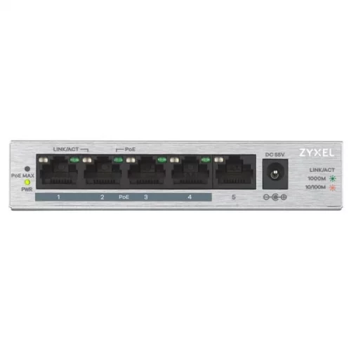 Коммутатор/ ZYXEL GS1005HP Switch PoE +, 5xGE (4xPoE +), desktop, metal, silent, PoE budget 60 W (GS1005HP-EU0101F)