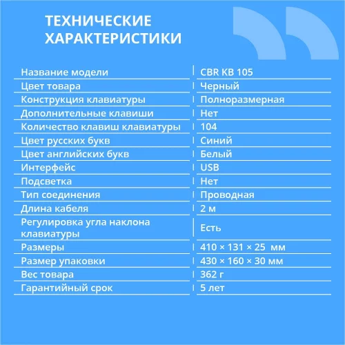 CBR KB 105 USB, Клавиатура 104 кл., офисн., 2,0 м, Русская раскладка синего цвета фото 2