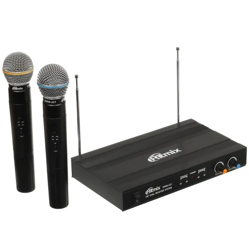 RITMIX RWM-221 black {2 микрофона, 87.5 - 92 МГц, 2 канала, ±0,005%, 40-20000 Гц, 600 Ом, –60±3 дБ, 80 дБ, макс девиация: 10 КГц}