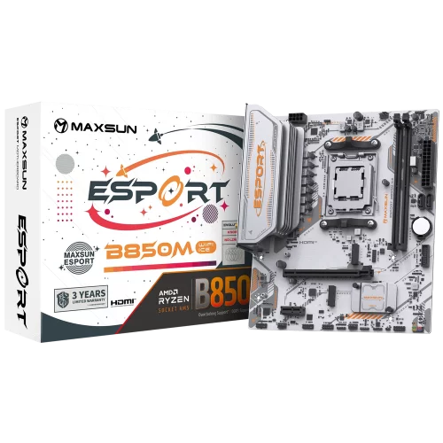 Материнская плата Maxsun MS-eSport B850M WIFI ICE B850, AM5, 2*DDR5, 1*PCIEx16, 1*PCIEx1, 2*M.2, 6*USB3.2Gen1, 4*USB2.0, 2*SATA3.0, 1G, DP, HDMI, M-ATX, RTL (6940709661758)