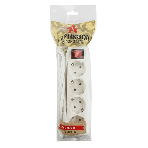 Гарнизон Сетевой фильтр ELB-G4-W-5, 4 евророзетки с выключателем и заземлением, допустимый ток 16А, длина 5м. фото 2