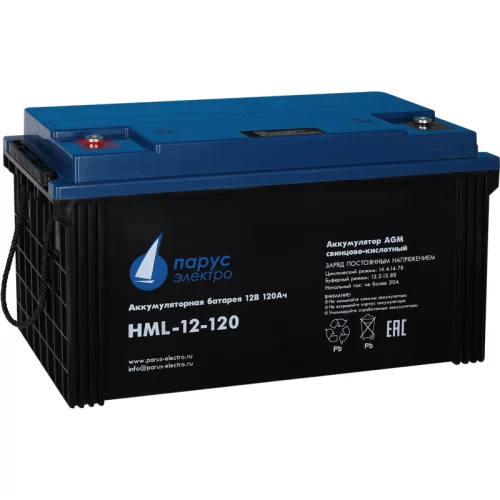 Battery Parus Electro, professional series HML-12-120, voltage 12V, capacity 120Ah (discharge 10 hours), max. discharge current (5sec) 950A, max. charge current 36A, lead-acid AGM type, M8 bolt terminals, LxWxH 410x176x224mm., total height with terminals