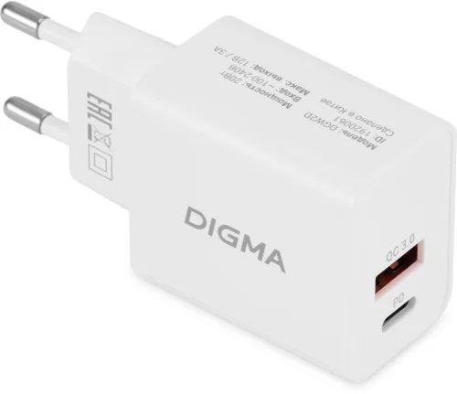 Сетевое зар./ устр. Digma DGW2D 20W 3A+1A (PD+QC) USB-C/ USB-A универсальное белый (DGW2D0F110WH)