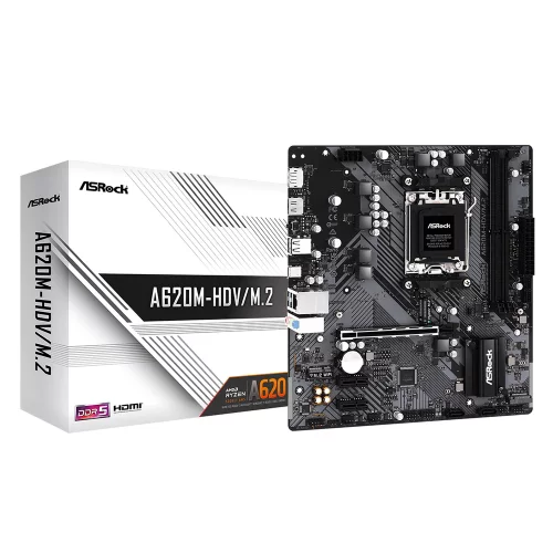 A620M-HDV/ M.2, Socket AM5, AMD A620, 2xDDR5-5200, HDMI+DP, 1xPCI-Ex16, 2xPCI-Ex1, 2xSATA3(RAID 0/ 1/ 10), 2xM.2, 8 Ch Audio, GLan, (2+4)xUSB2.0, (2+2)xUSB3.2, (1+0)xUSB3.2 Type-C™, mATX, RTL {} (A620M-HDV/M.2)