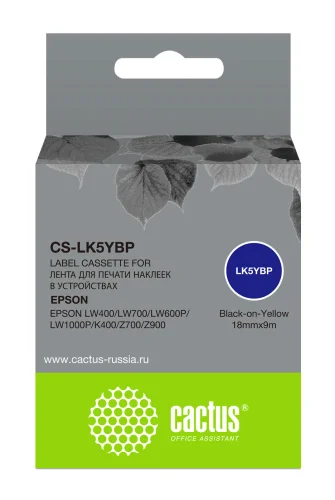 Картридж ленточный Cactus CS-LK5YBP LK-5YBP черный на желтом 18x9 для Epson LW400/LW700/LW600P/LW1000P/K400/Z700/Z900