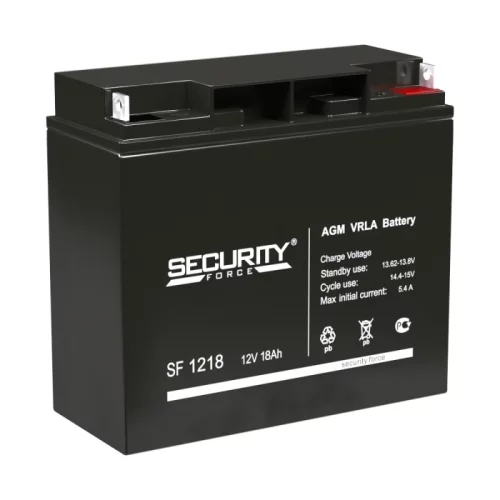 Батарея SECURITY FORCE серия SF, SF 1218, напряжение 12В, емкость 18Ач (разряд 20 часов), макс. ток разряда (5 сек.) 30А, макс. ток заряда 5.4А, свинцово-кислотная типа AGM, клеммы под гайку и болт M6, ДxШxВ 181х77х167мм., вес кг., срок службы 3-5 лет./