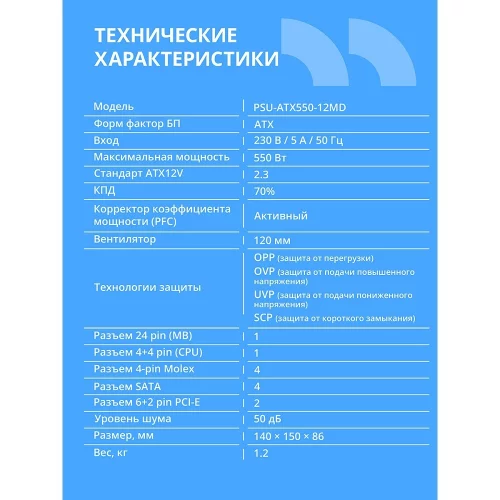 Блок питания CBR ATX 550W, 12cm fan, 24pin, 1*4+4pin, 1*6+2pin, 2*IDE, 3*SATA, кабель питания 1.2м, черный [PSU-ATX550-12MD] OEM фото 2