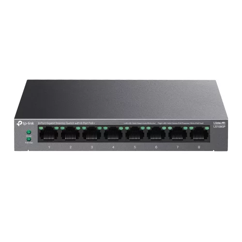 TP-Link LS108GP, Настольный коммутатор с 8 гигабитными портами PoE+, 802.3af/at, бюджет PoE — 62 Вт, до 250 метров