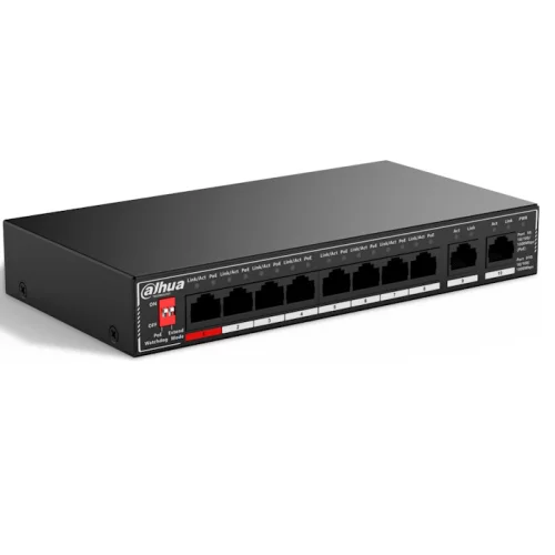 *Коммутатор Dahua DH-SG1010P, 10-портовый гигабитный неуправляемый коммутатор c PoE, 8xRJ45 1Gb PoE, 2xRJ45 1Gb uplink, суммарно 96Вт, коммутация 20 Гбит/ с, MAC-таблица 4K, металл