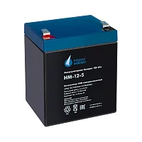 Battery Parus Electro, standard series HM-12-5, voltage 12V, capacity 5Ah (discharge 20 hours), max. discharge current (5sec) 75A, max. charge current 2A, lead-acid type AGM, terminals F2, LxWxH 90x70x101mm., total height with terminals 107mm., weight 1.8