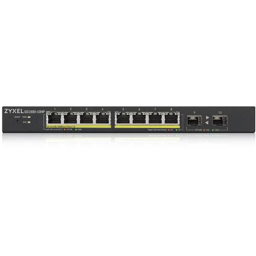 Smart L2 коммутатор PoE+ Zyxel GS1900-10HP, 8xGE PoE+, 2xSFP, настольный, бесшумный, бюджет PoE 77 Вт (GS1900-10HP-EU0102F)