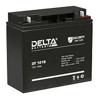 Батарея DELTA серия DT, DT 1218, напряжение 12В, емкость 18Ач (разряд 20 часов), макс. ток разряда (5 сек.) 250А, макс. ток заряда 5.4А, свинцово-кислотная типа AGM, клеммы под гайку и болт M6, ДxШxВ 181х77х160мм., вес 5.2кг., срок службы 5 лет./ Battery