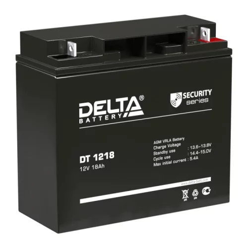 Батарея DELTA серия DT, DT 1218, напряжение 12В, емкость 18Ач (разряд 20 часов), макс. ток разряда (5 сек.) 250А, макс. ток заряда 5.4А, свинцово-кислотная типа AGM, клеммы под гайку и болт M6, ДxШxВ 181х77х160мм., вес 5.2кг., срок службы 5 лет./ Battery