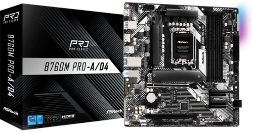 Материнская плата ASROCK B760M PRO-A/D4, LGA1700, B760, 4*DDR4, 4*SATA, 2*M.2, 3*USB 3.2, 2*USB 2.0, Type-C, 2*PCIx16, 1*PCIx1, 1*M.2 (Key E), HDMI+DP, mATX