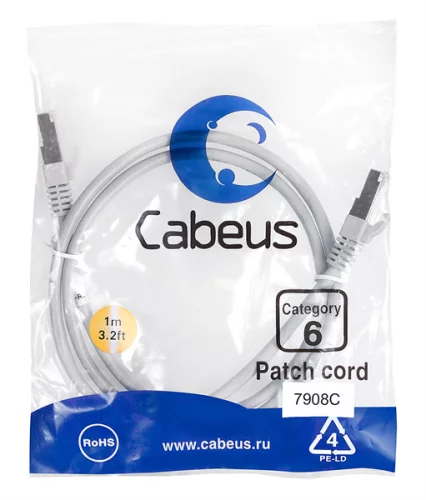 Патч-корд F/UTP, категория 6, 2xRJ45/8p8c, экранированный, серый, LSZH, 1м Cabeus PC-FTP-RJ45-Cat.6-1m-LSZH Патч-корд F/UTP, категория 6, 2xRJ45/8p8c, экранированный, серый, LSZH, 1м