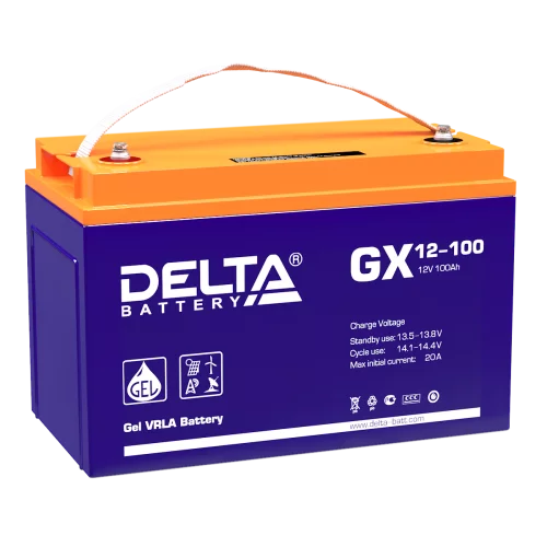 Батарея DELTA серия GX, GX 12-100, напряжение 12В, емкость 100Ач (разряд 10 часов), макс. ток разряда (5 сек.) 900А, макс. ток заряда 20А, свинцово-кислотная типа GEL, клеммы под болт М6, ДxШxВ 330х171х215мм., вес 32кг., срок службы 15 лет./ Battery DELT