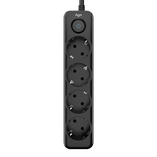 Cетевой фильтр AGNI плоский TP-FD4E-2m-black, 4 розетки Schuko, чёрный, кабель 2 метра, мощность нагрузки 4000 Вт, 16А, заземление, защита от короткого замыкания, сечение кабеля 3 х 1.5 кв.мм., размер