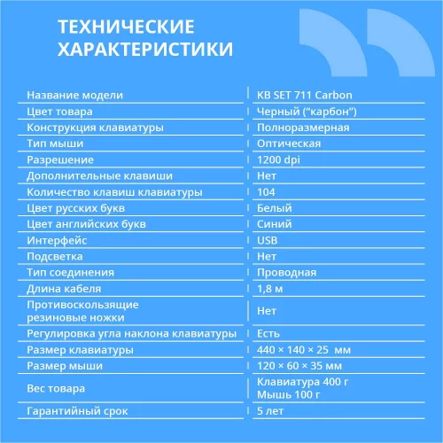 CBR KB SET 711 Carbon, Комплект (кл + м) провод., USB, поверхность 