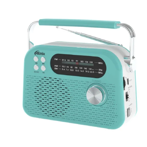 RITMIX RPR-045 AZURE {Радиоприёмник портатив. 3хдиапазонный FM/AM/SW, Bluetooth v.5.3, воспрс USB и с карт памяти micro SD (до 32Gb)}