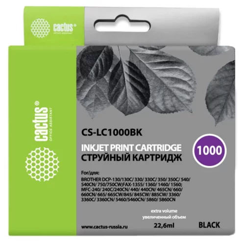 Картридж струйный Cactus CS-LC1000BK черный (22.6мл) для Brother DCP 130C/330С/MFC-240C/5460CN с чипом