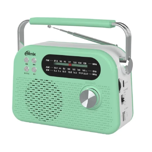 RITMIX RPR-045 MINT {Радиоприёмник портативный 3хдиапазонный FM/AM/SW,Bluetooth v.5.3, воспроизв. с USB и с карт пам. micro SD (до 32Gb)}