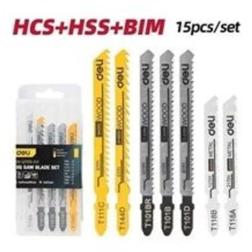 Набор пилок для электролобзика (15шт) универсальный Deli DH-QJT015-EH1 (по металлу 12TPI - 2шт + 21TPI - 2шт, по дереву 6TPI - 4шт + 8TPI - 2шт + 10TPI - 4шт, по алюминию 8TPI - 1шт)