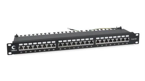 патч-панель Cabeus PL-24-Cat.6a-SH-Dual IDC Патч-панель 19 (1U), 24 порта RJ-45, категория 6a, полностью экранированная, с задним кабельным организатором
